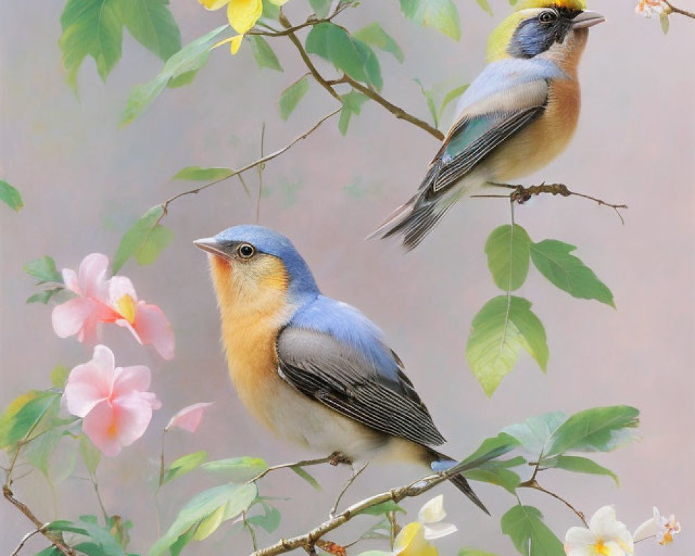 Colorful Birds on Flowering Branches with Yellow and Pink Blossoms