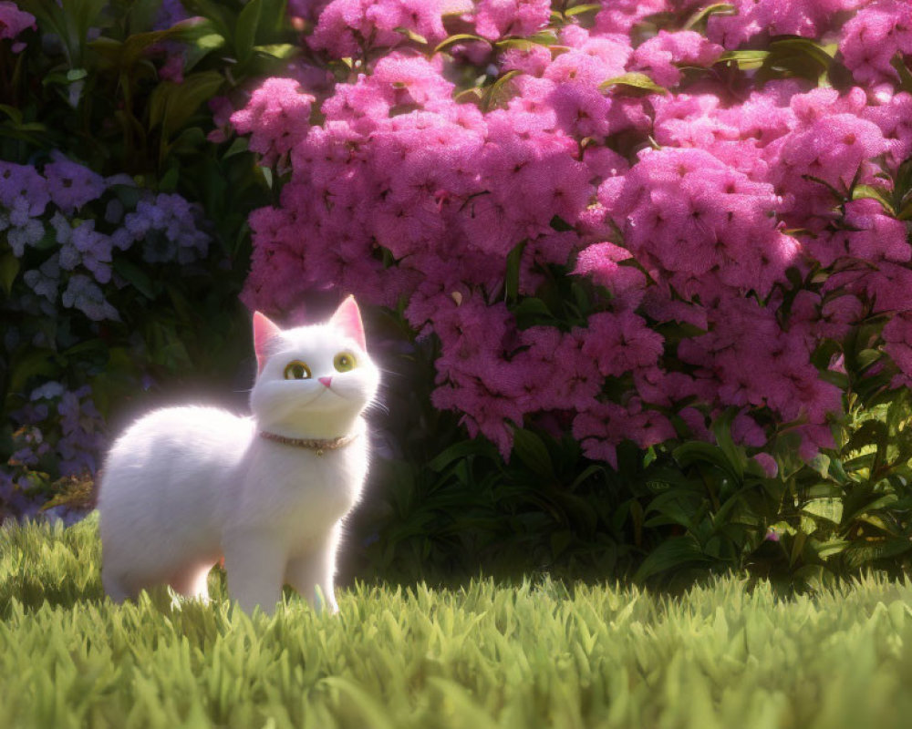 Fluffy white cat with yellow collar in garden setting