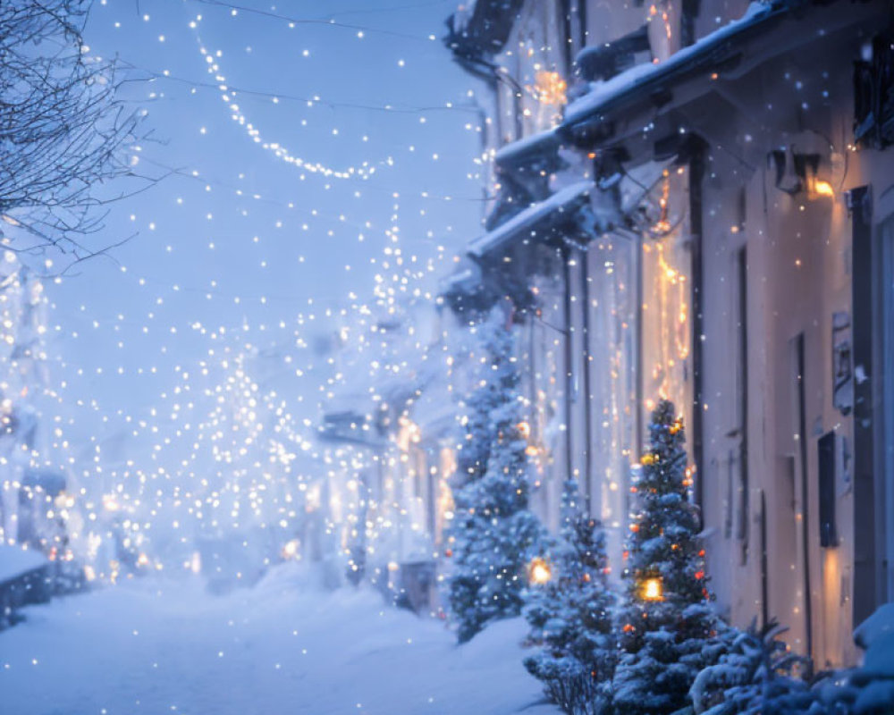 Snowy Street with Christmas Decorations in Blue Hour