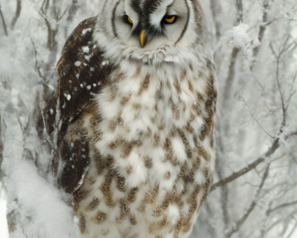 Snowy Owl with Yellow Eyes Perched on Frosty Branch