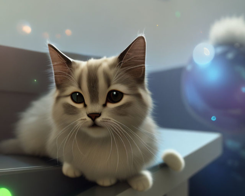 Fluffy White and Grey Cat with Piercing Eyes in Indoor Setting