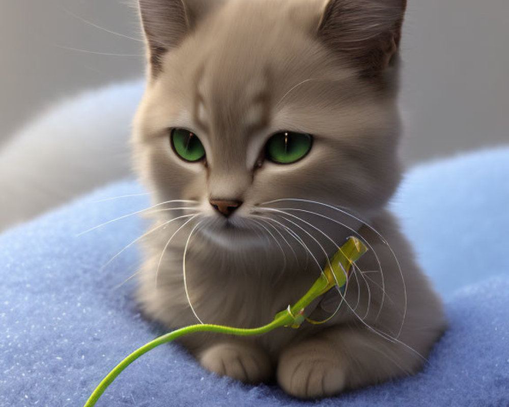 Fluffy gray cat with green eyes on blue surface with green cord nearby