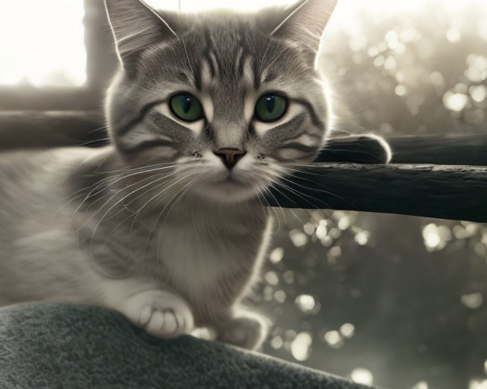 Grey and White Cat with Green Eyes Resting on Plush Surface