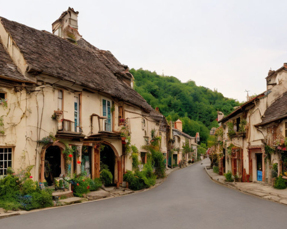 Traditional houses with colorful shutters on quaint village street