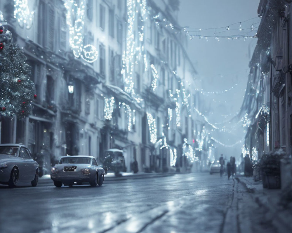 Festive Christmas decorations on wintry city street at dusk