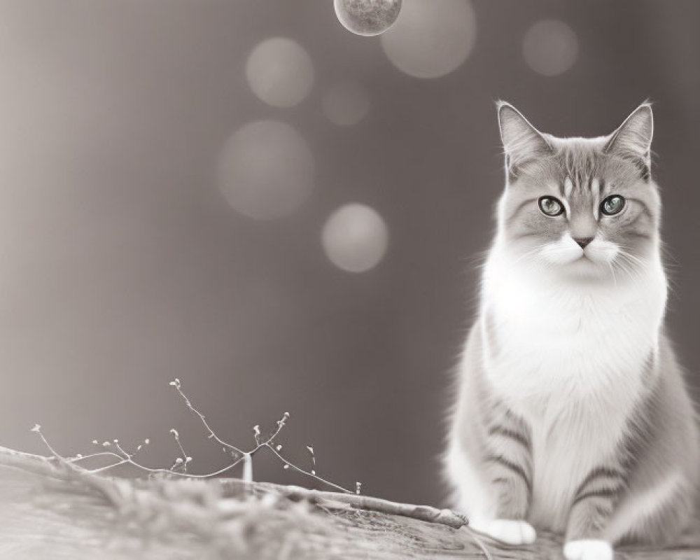 Grayscale cat on wooden surface with moon and bokeh lights.