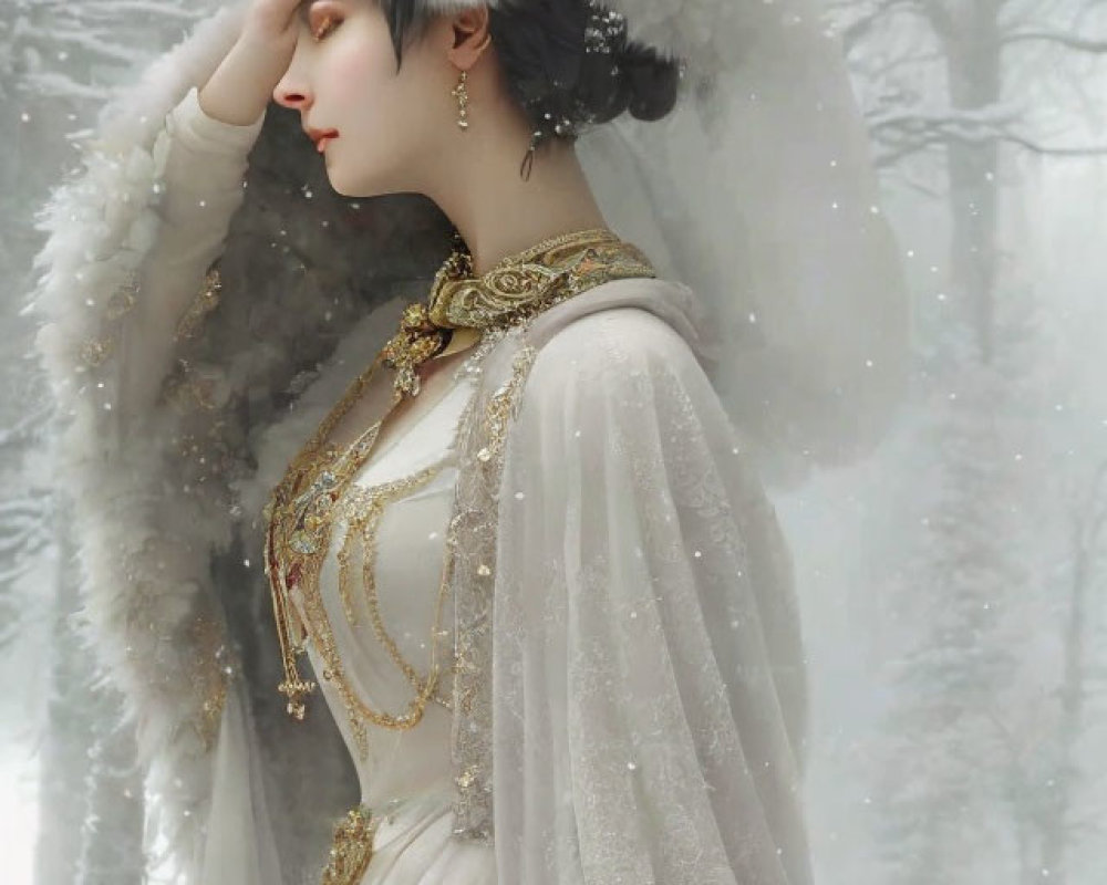 Woman in white fur hat and cape with gold jewelry standing in snowy forest