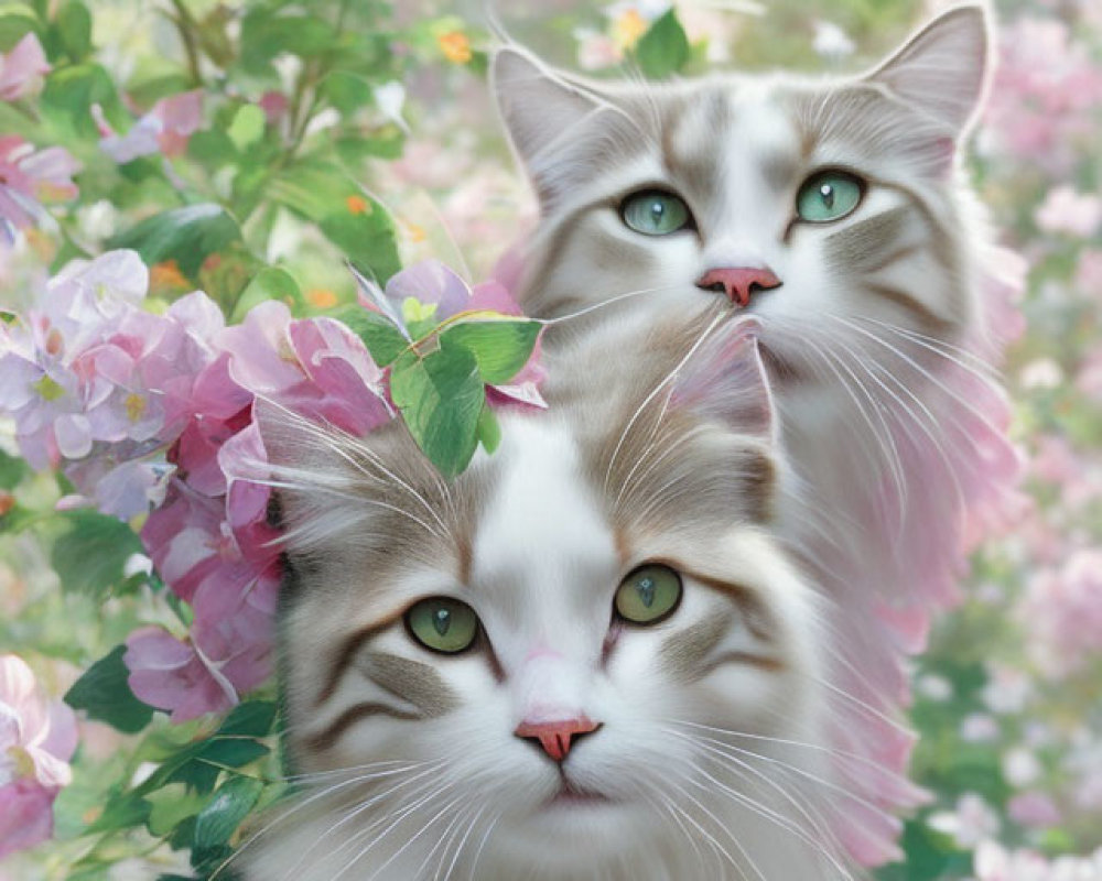 Two White Cats with Blue Eyes Surrounded by Pink Flowers