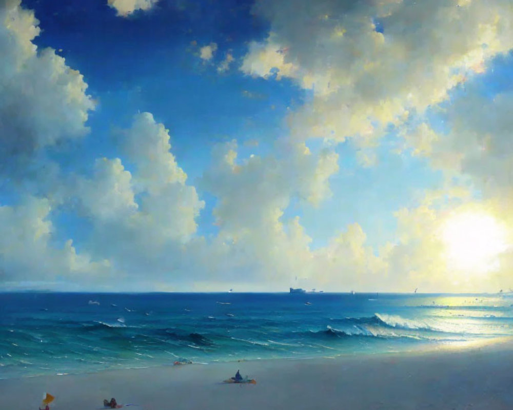 Tranquil beach scene with blue sea, cloudy sky, rolling waves, ships on horizon, people