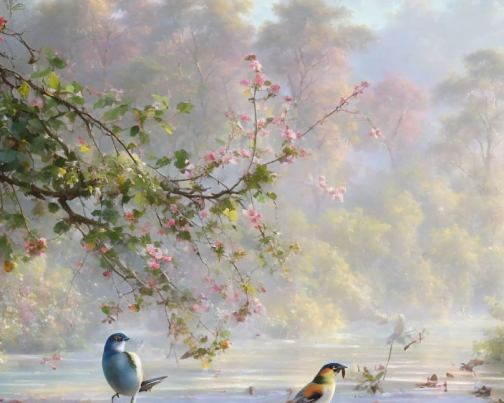 Colorful birds near pink blossoms in misty forest scene.