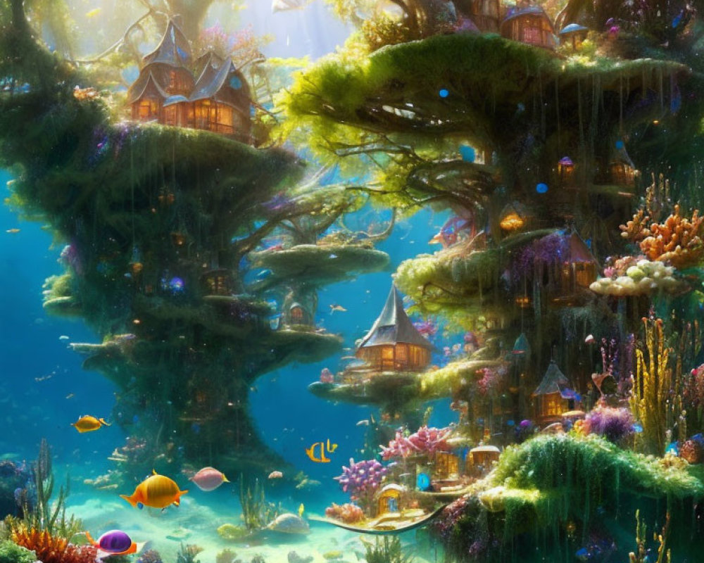 Vibrant coral and colorful fish in dreamlike underwater scene