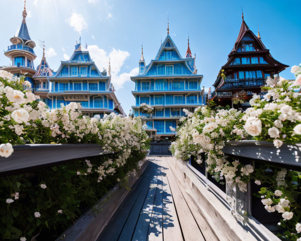 White Rose-Lined Wooden Walkway to Blue Castle-Like Building