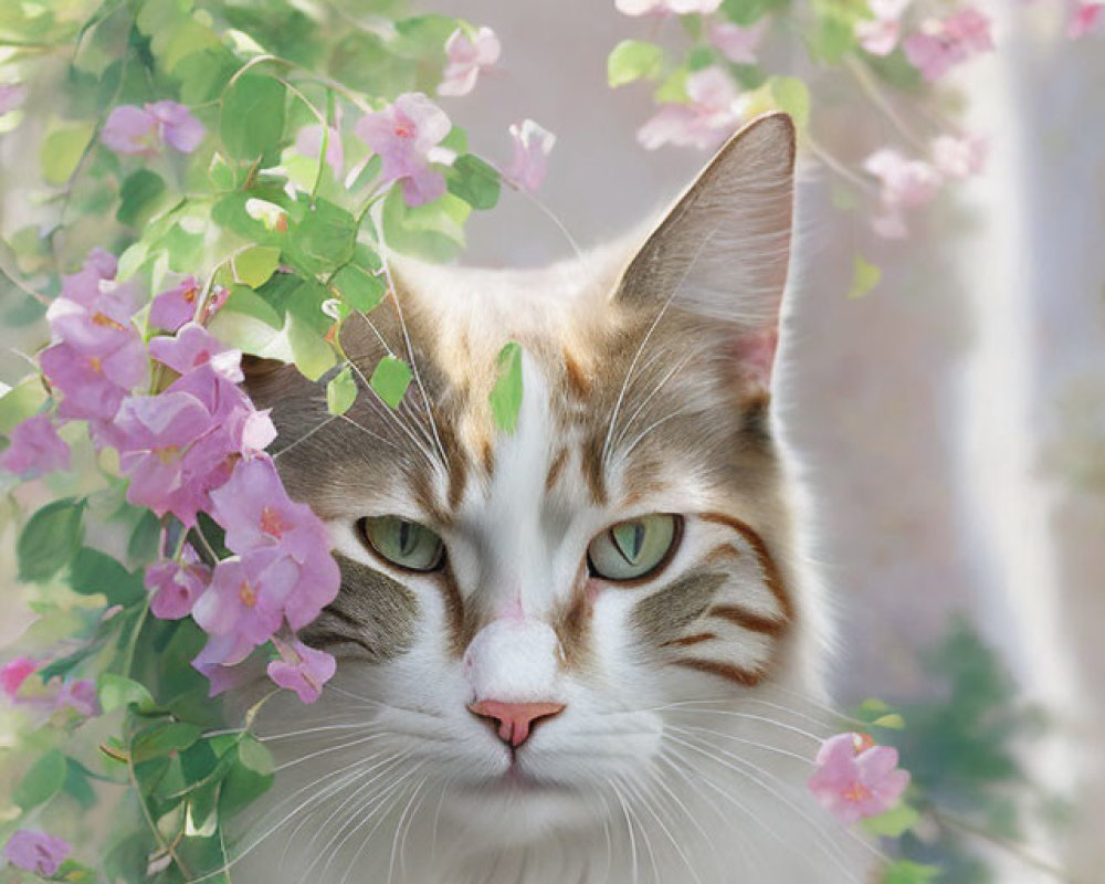 Tabby Cat with Green Eyes Among Pink Flowers