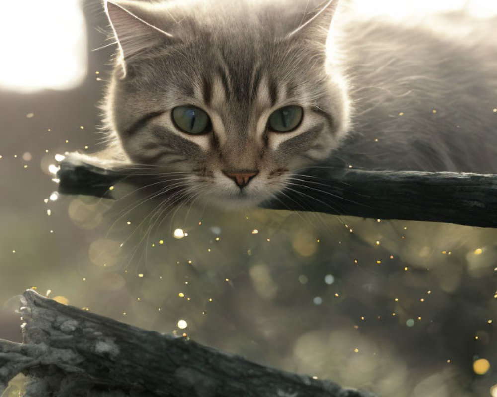 Fluffy Cat with Striking Eyes on Sunlit Branch