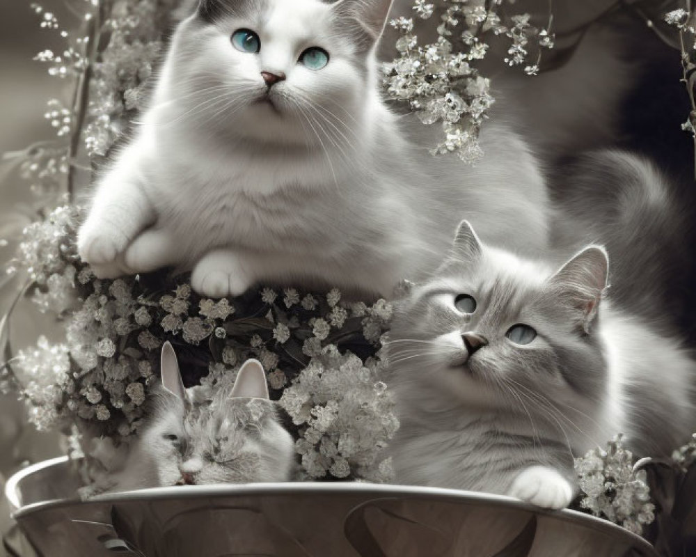 Four Fluffy Cats with Blue Eyes Among Blooming Flowers