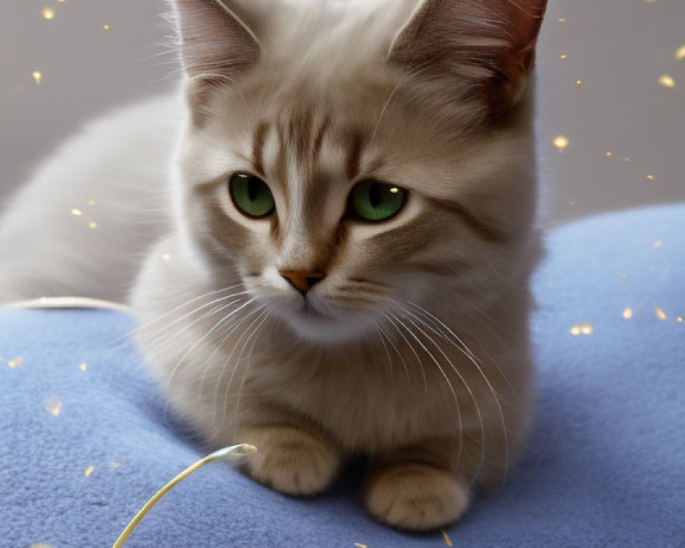 Fluffy Light-Colored Cat with Green Eyes on Blue Fabric with Golden Sparkles