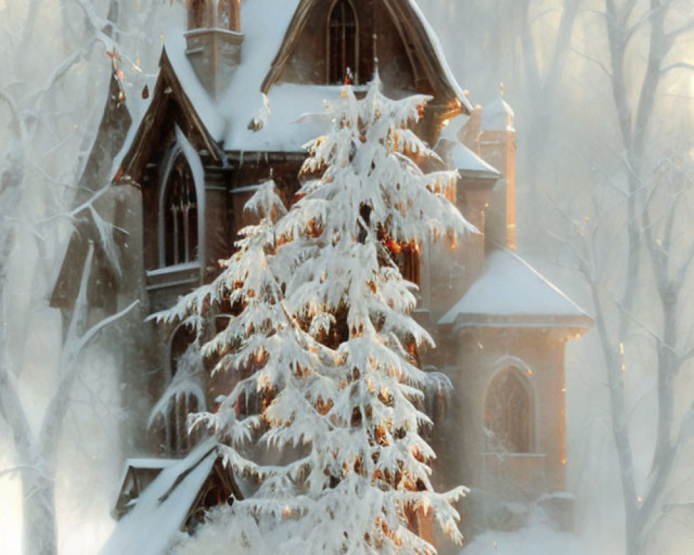 Winter scene: Snow-covered church in forest with falling snowflakes and person in red