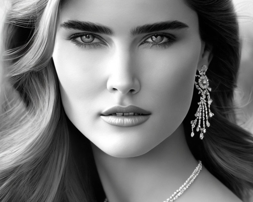 Intense-eyed woman in elegant black and white portrait with sparkling jewelry.