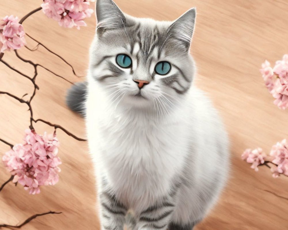 Grey and White Striped Cat with Blue Eyes Beside Pink Cherry Blossoms