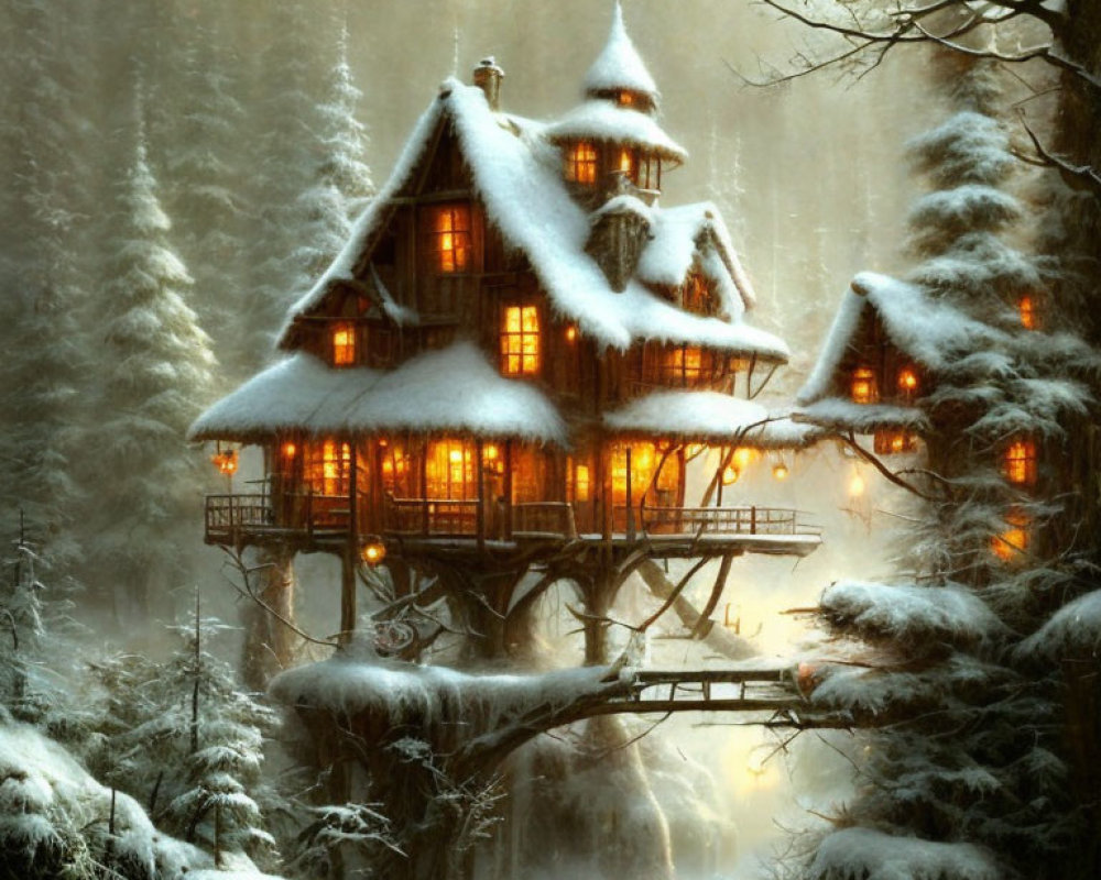 Snow-covered treehouse in serene wintry forest