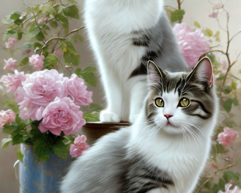 Fluffy grey and white cats with green eyes among pink roses in dreamy setting