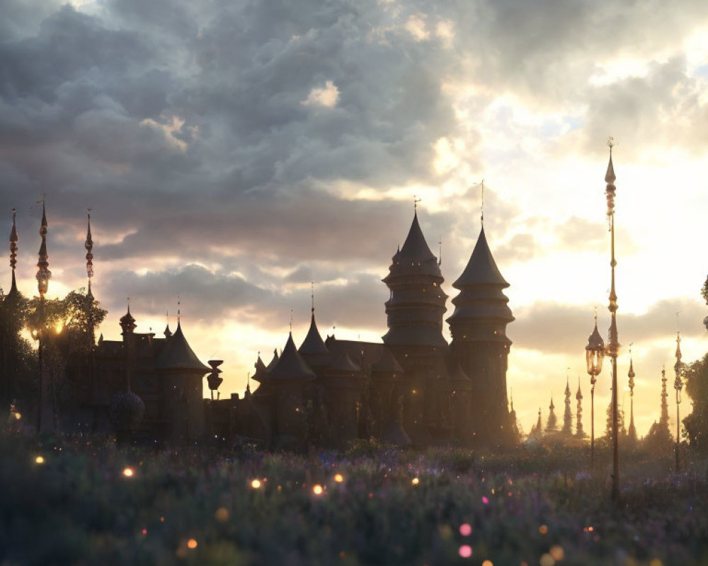 Silhouette of fairytale castle in sunset sky with flowers and street lamps