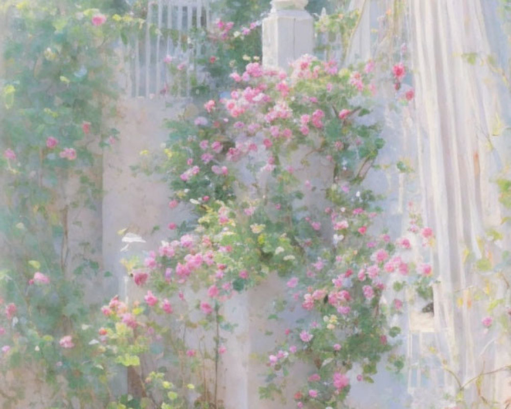 Tranquil garden scene with sun-dappled walls and pink roses by white gate