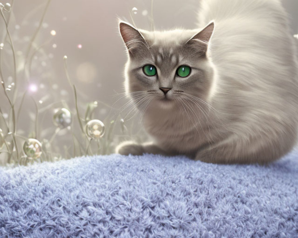 Fluffy white cat with green eyes on soft blue surface surrounded by glowing orbs