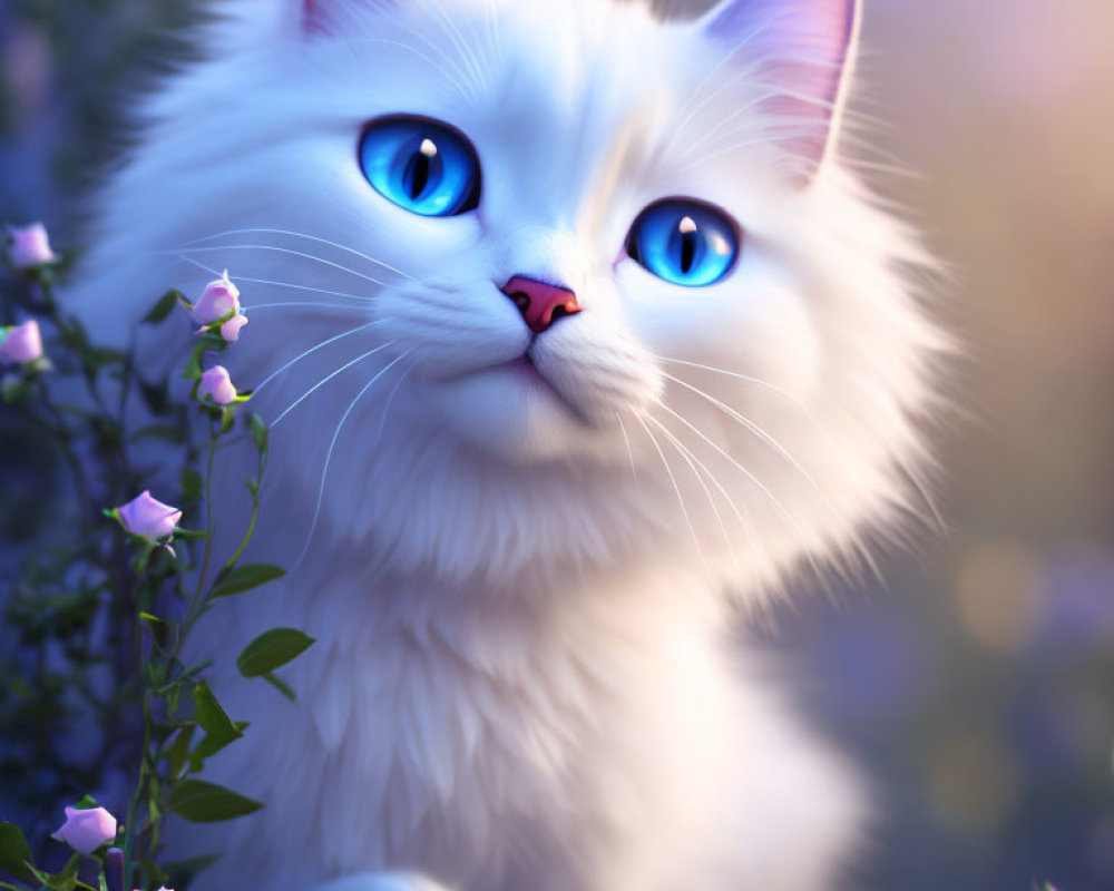 Fluffy white cat with blue eyes among purple flowers in soft light