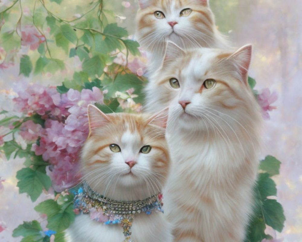 Fluffy White and Ginger Cats Among Pink Flowers