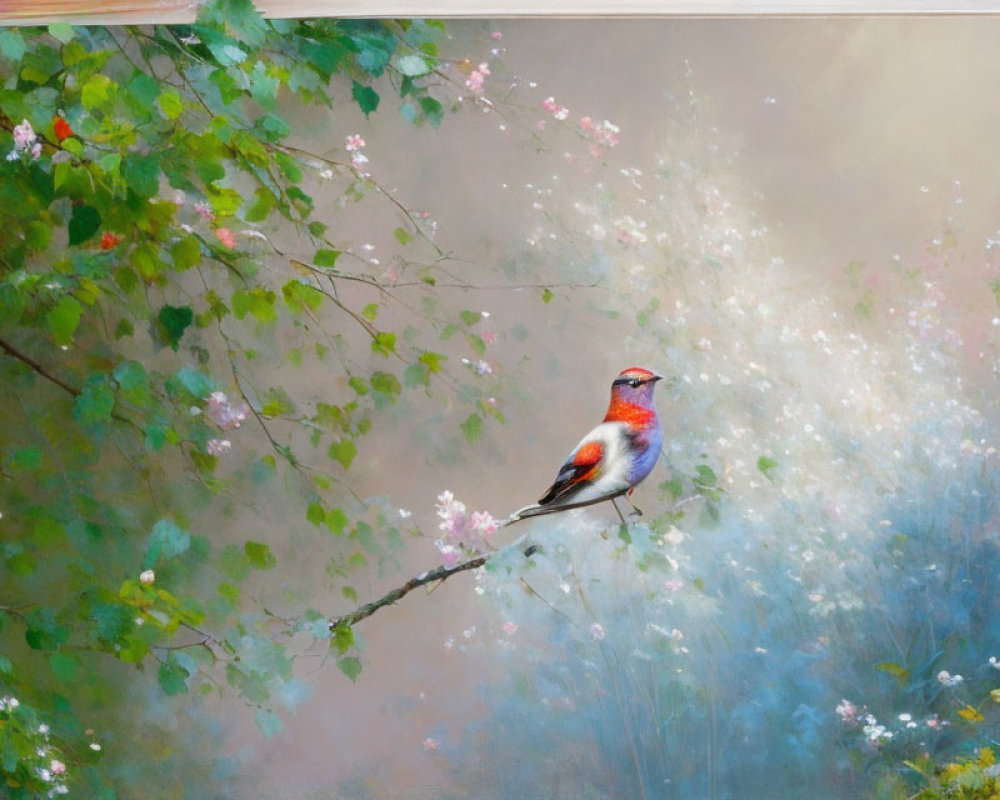 Red plumage bird perched on branch in pastel floral setting