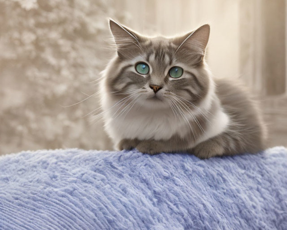 Fluffy Cat with Blue Eyes on Blue Fabric Surface