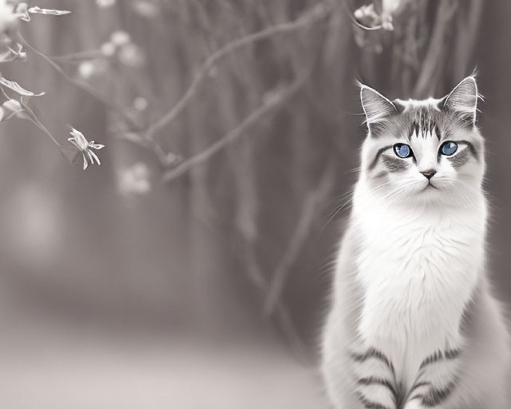 Black and White Photo: Cat with Striking Blue Eyes Among Flowers