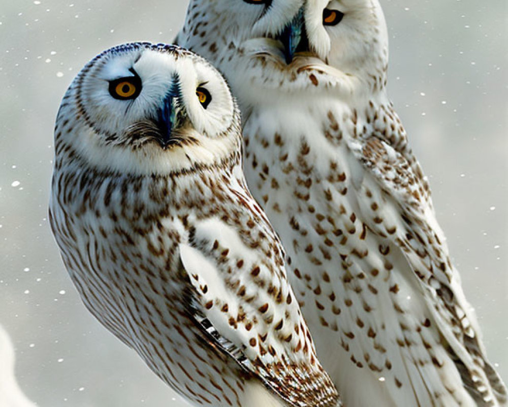 Snowy owls perched in snowy landscape with falling snowflakes