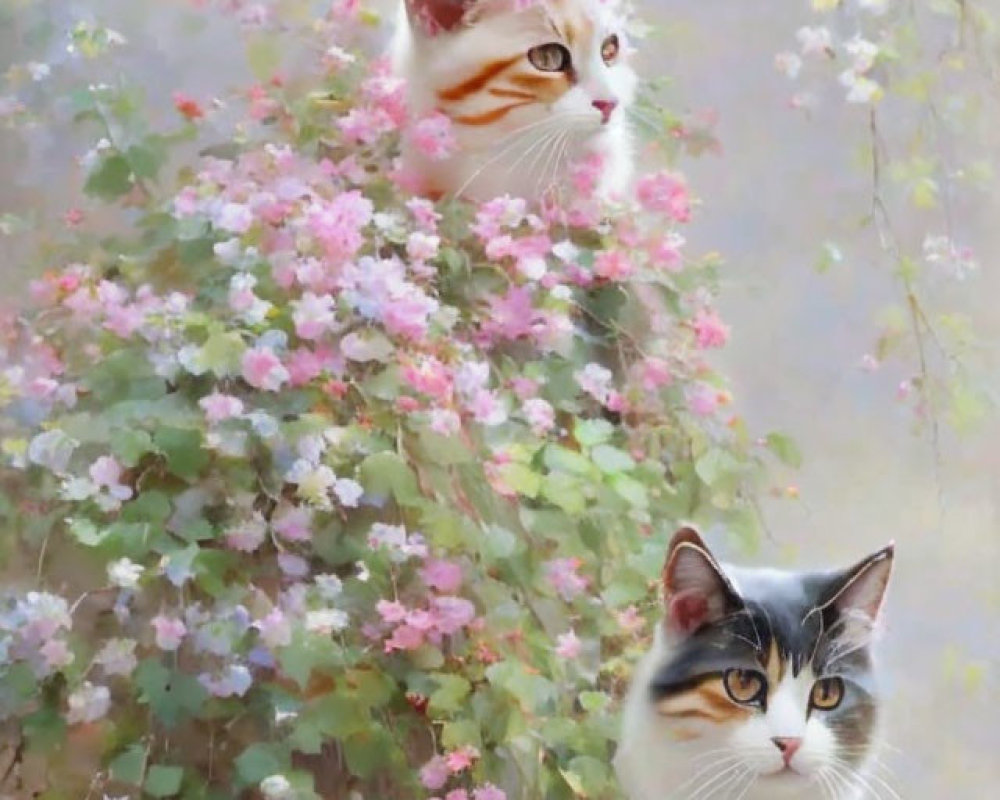 Two Cats Among Blooming Flowers in Different Colors