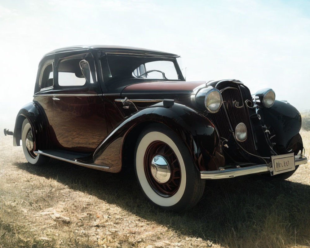 Vintage Black Car with White-Wall Tires Under Sunlit Sky