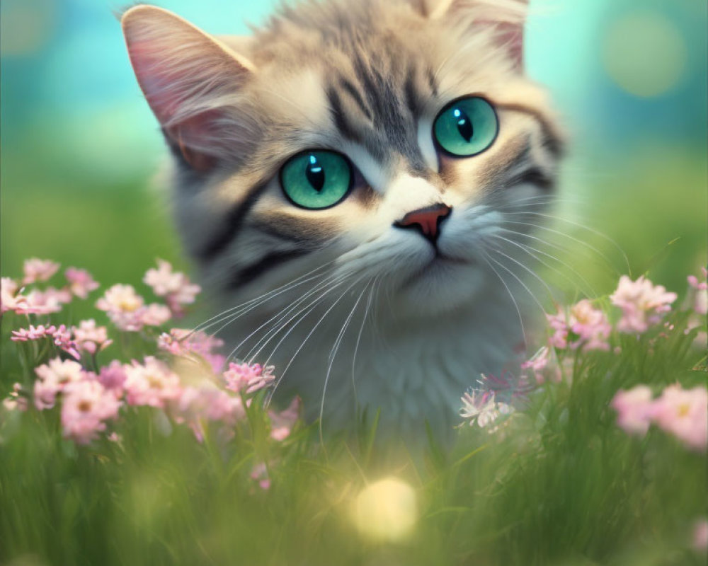 Fluffy Tabby Cat Among Pink Flowers in Grassy Field