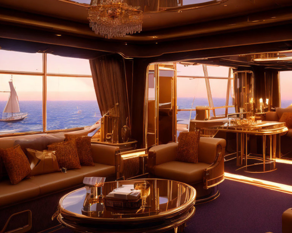 Luxurious yacht interior with plush seating, crystal chandelier, and ocean view.