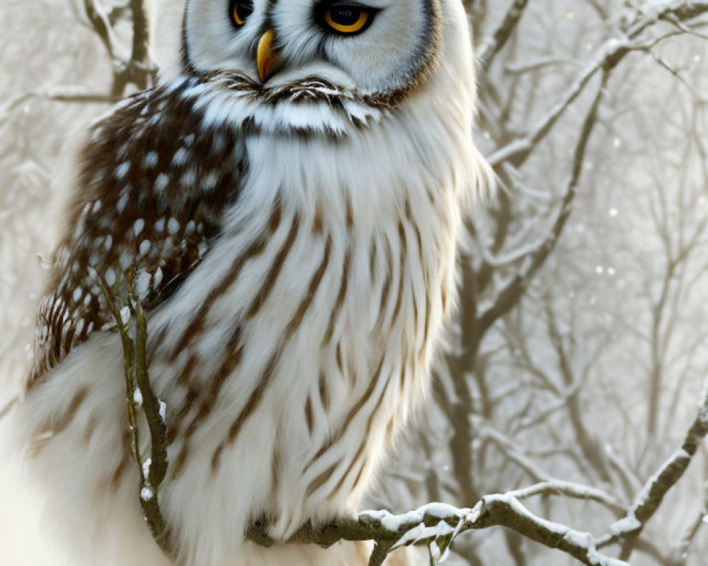 Majestic owl with orange eyes on frosty branch in snowy forest