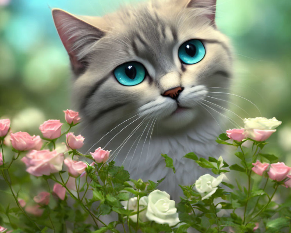 Gray Cat with Blue Eyes Surrounded by Pink and White Roses on Green Background