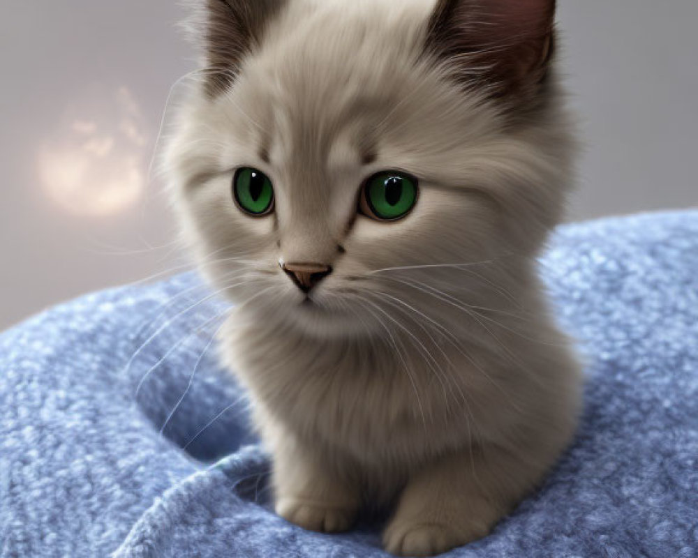 Fluffy White Cat with Grey-Tipped Ears and Green Eyes on Blue Surface