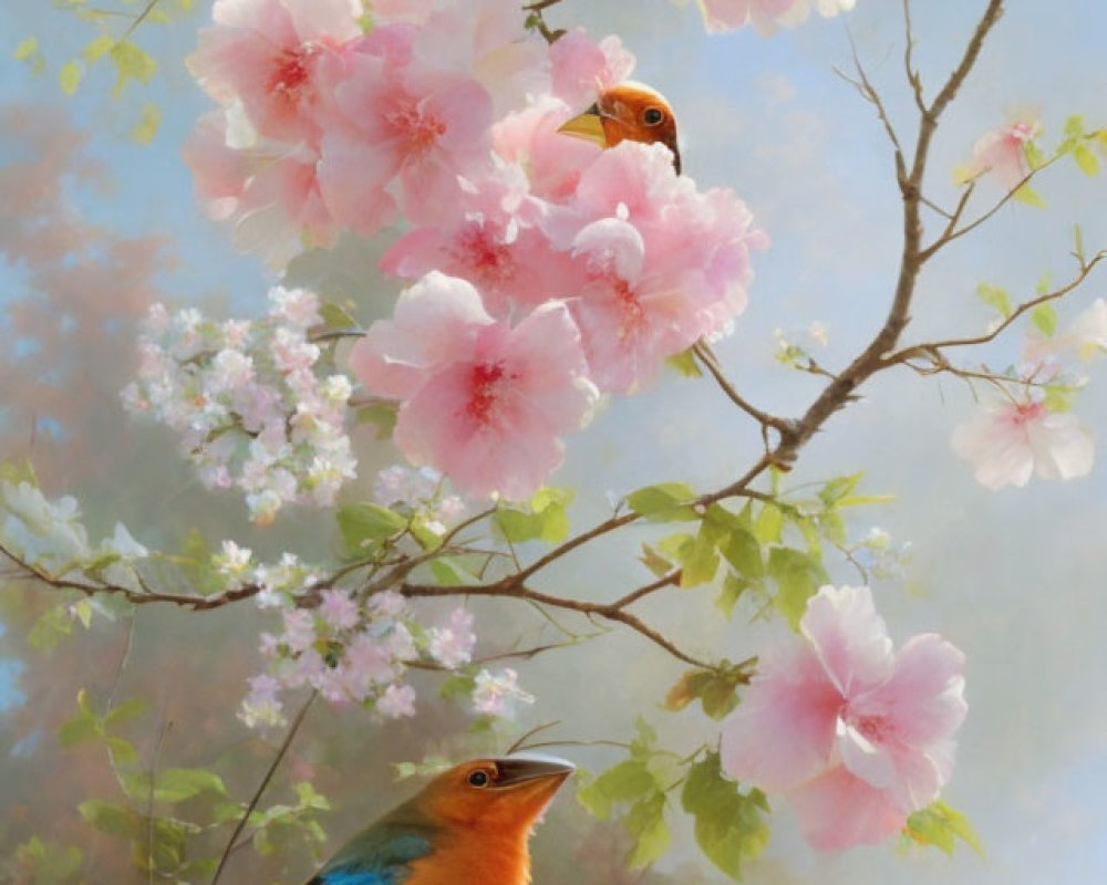 Colorful Bird Perched on Branch Among Pink Blossoms