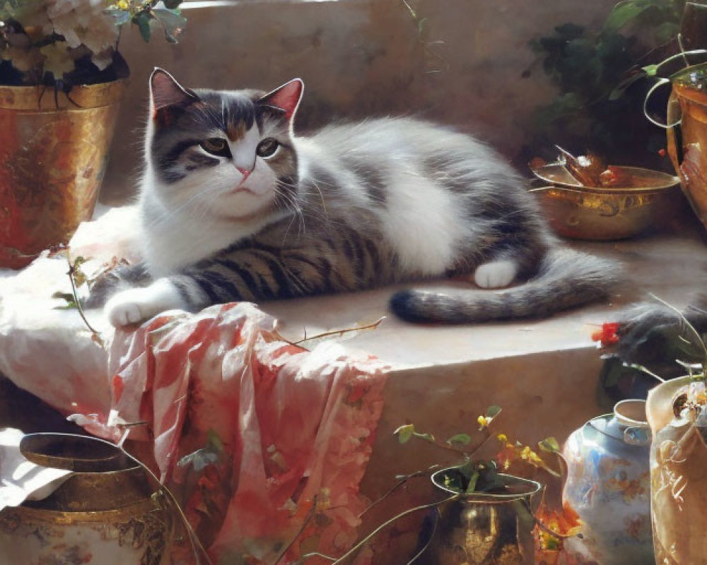 Tabby cat relaxing on sunlit window ledge with potted plants and flowers