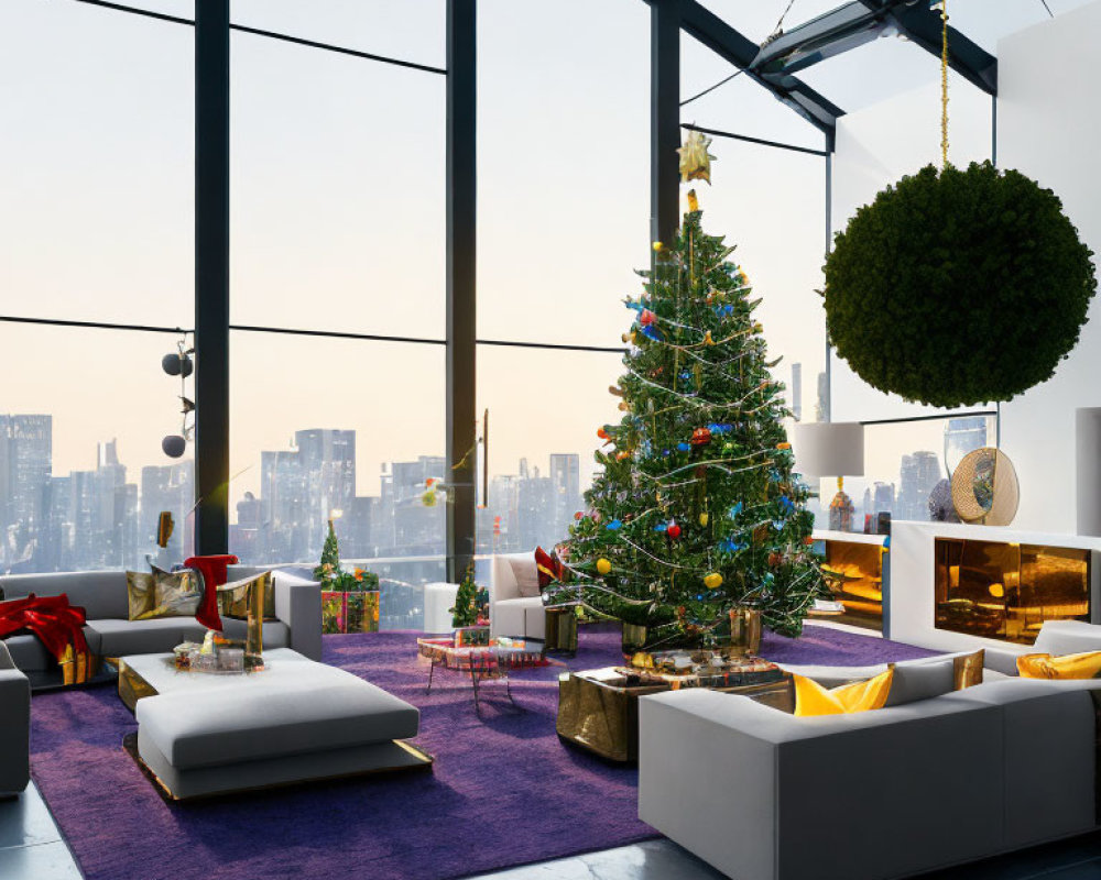 Festive living room with Christmas tree, gifts, modern furniture, fireplace, city skyline views at