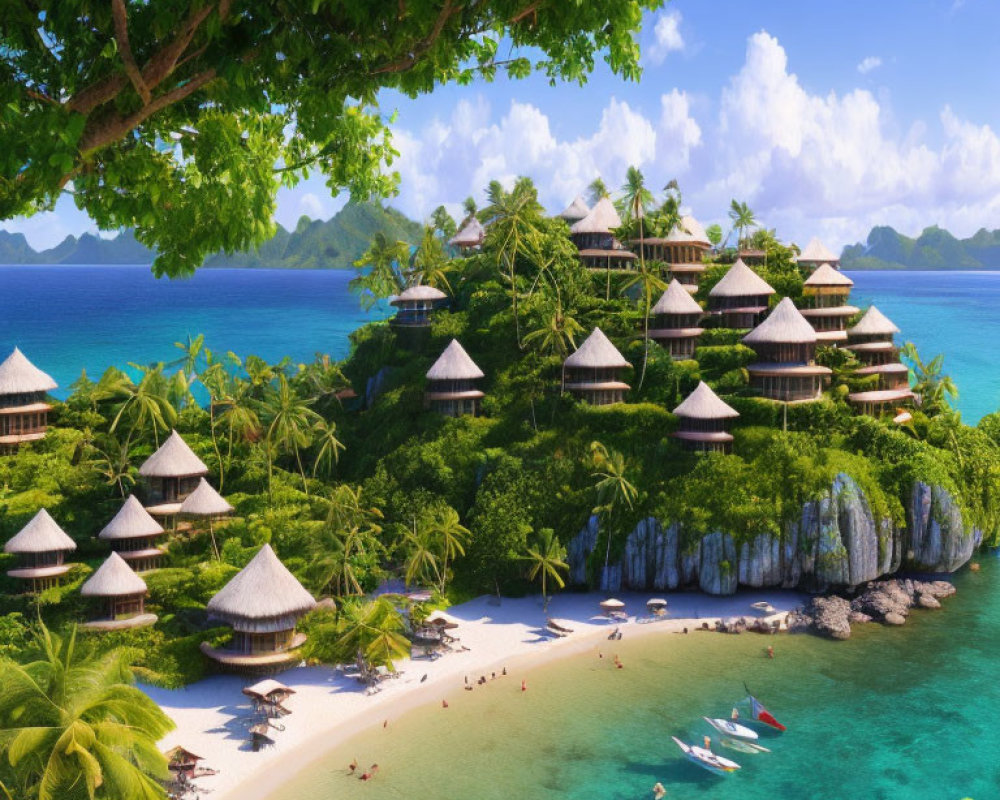 Thatched-Roof Bungalows Overlooking Sandy Beach