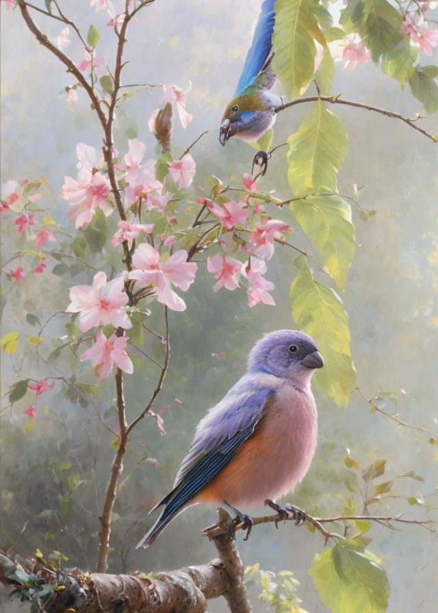 Colorful Bird Painting Among Pink Blossoms on Misty Background