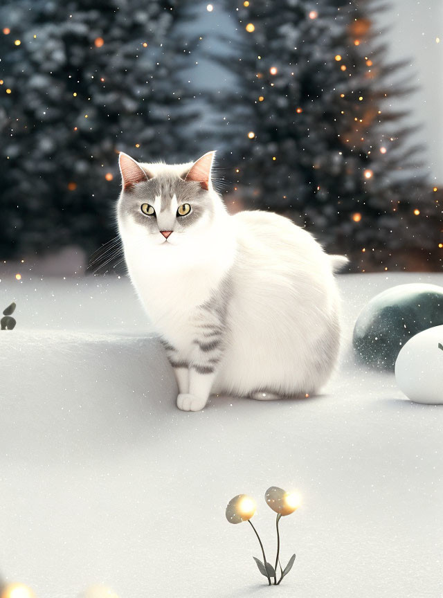 White Cat with Grey Markings and Green Eyes in Snowy Landscape