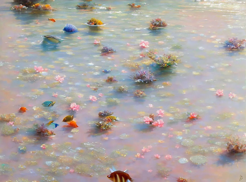 Tranquil pond painting with colorful fish and blooming flowers