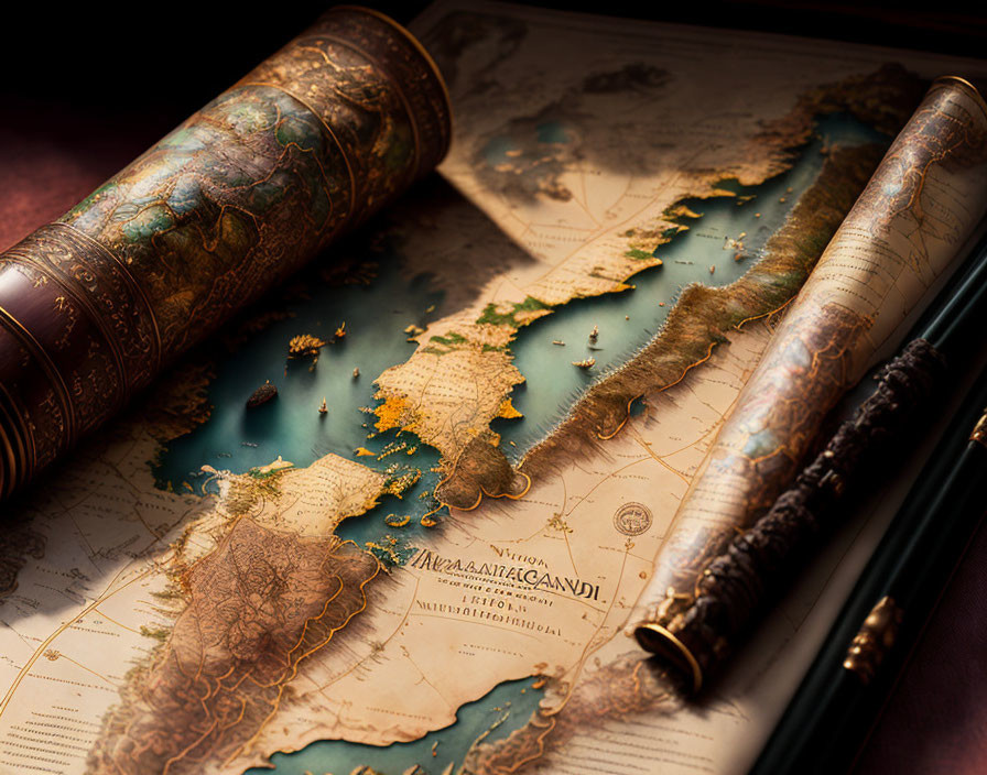 Rolled antique map of fantasy landscape with feather quill and inkwell