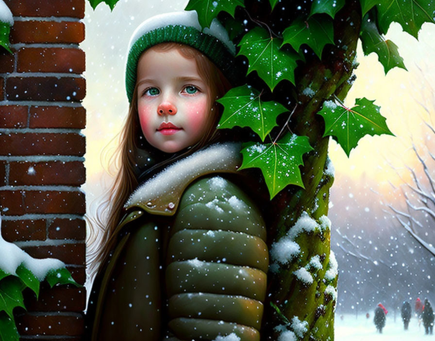 Young girl in green beanie and winter coat by snow-covered tree